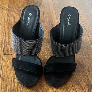 Qupid Black Rhinestone Two-Band Slide Heels
